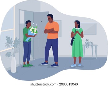 Daughter boyfriend 2D vector isolated illustration. Irritated father looks at daughter boyfriend incredulously flat characters on cartoon background. Parental involvement colourful scene