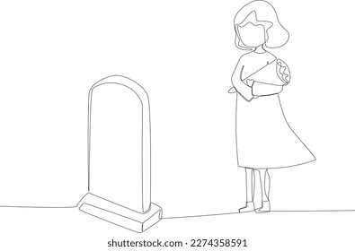 A daughter brings flowers to her mother's funeral  One line drawing