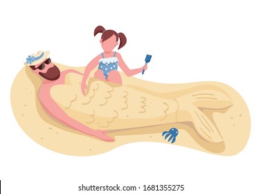 Daughter burying dad in sand flat color vector faceless characters. Family summertime entertainment, recreation on beach isolated cartoon illustration for web graphic design and animation