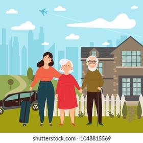 Daughter came on her weekend to her elder parents. Grandfather, grandmother couple and their daughter. House, car, fence and travel case. Child met her parents at holiday. Travel. Flat illustration