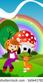 daughter and a cat in front of a mushroom house