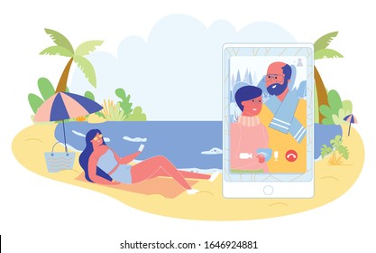 Daughter Communicates Online with Parents, Flat. Girl on Vacation at Sea Calls her Parents via Video Link. She Sees Them on Screen her Phone through Special Application. She Lies on Bed and Sunbathes.