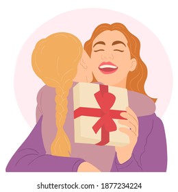 Daughter congratulates mom, gives her a gift and a hug