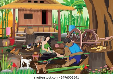 Daughter is cooking and father is sharpening bamboo sticks, rural life,vector design