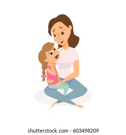 The Daughter Is Crying And Her Mother Is Calming And Taking Care. Mom And Child Are Sad. Girl Is Wiping Tears And A Woman Is Hugging Her. Cartoon Vector Characters Isolated On White