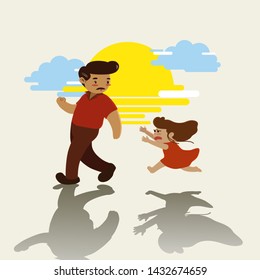 Daughter crying and running after her father on sunset background