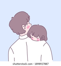 The daughter cuddled with her father on the neck lovingly.