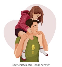 Daughter and dad, girl sitting on dad's shoulders. Daughter in dad's arms. Parents, daddy's girl, Father's day. Family, cute vector illustration.