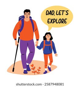 Daughter and dad hiking with dad lets explore typography, flat sticker
