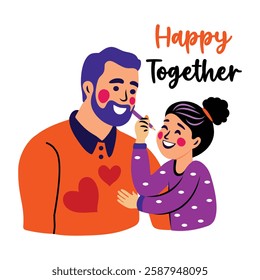 Daughter doing dad makeup with happy together text, flat sticker