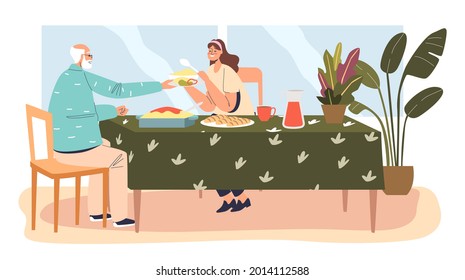 Daughter and elder father having dinner together. Young female eating with grandfather at home. Granddaughter visit senior dad. Cartoon flat vector illustration