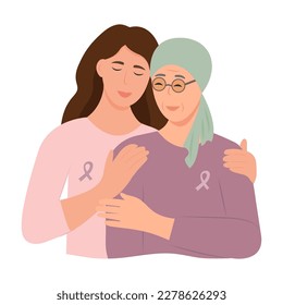 The daughter embraces the sick mother. Breast Cancer awareness month concept of support and solidarity with women fighting oncological disease. Vector illustration