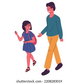 Daughter and father walking and chatting. Walking in the street
