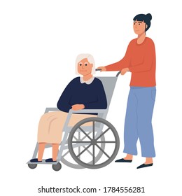 Daughter or female relative with old woman on wheelchair. Elderly senior sitting on wheelchair. Retired disabled woman. Concept for assisted living or nursing home. Flat vector illustration on white.