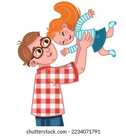 Daughter is flying on father’s hands. Vector illustration of a father and daughter having fun time.