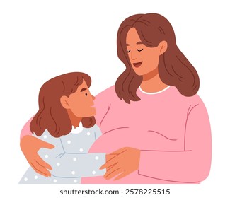 Daughter girl hugs pregnant mother. Waiting for a baby brother or sister.Kid touching, hugging and feeling new baby in pregnant mom belly. 