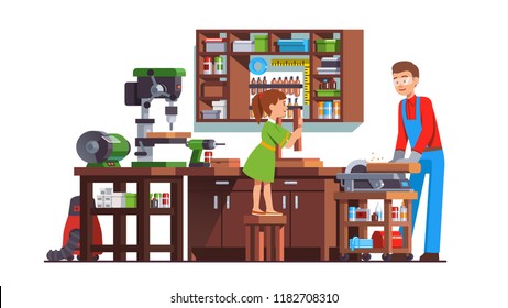 Daughter girl kid helping father carpenter men doing woodwork in workshop with table wood drilling machine, grinding wheel, work bench, circular saw, drill & tools. Flat vector interior illustration