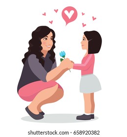 Daughter gives a flower to mom. Vector illustration of a flat design.