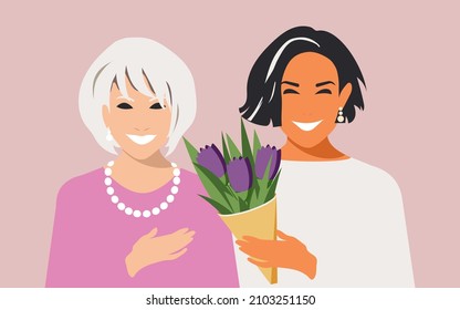 La hija le da a su madre un ramo de tulipanes morados y la abraza. Diseño de tarjetas de felicitación del Día de la Madre en estilo plano. Retrato familiar feliz femenino. Vector.