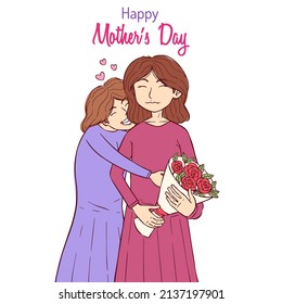 Daughter gives her mother a bouquet of flowers. Mother's day card, background