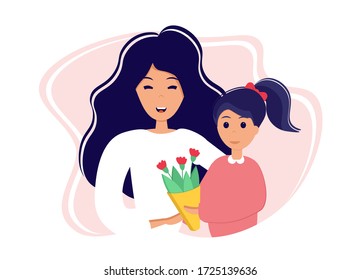 Daughter gives his mother flowers. Vector illustration in flat style for mother's day.