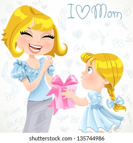 Daughter gives mom a gift for Mother's Day  on doodle background