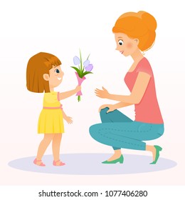 Daughter gives mother flowers on mother's day.Mother's day background.Isolated on white background. Vector illusrtation