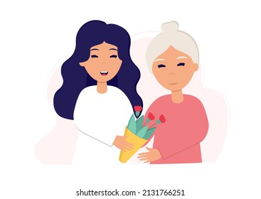 Daughter gives mother flowers. Young woman hug her old mother. Vector illustration in flat style for mother's day.