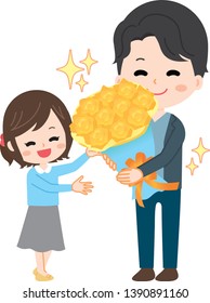 Daughter giving a bouquet to dad