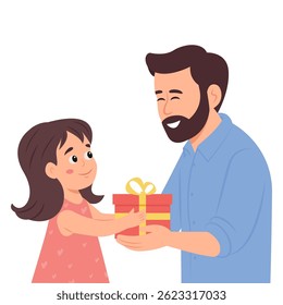 Daughter is giving a gift to her dad. Happy Father's Day. Vector illustration