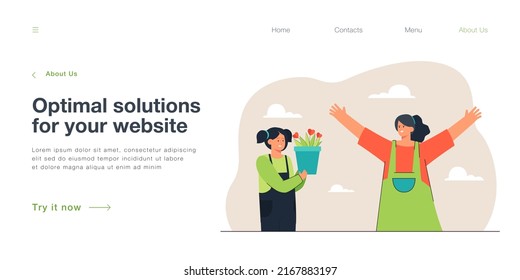 Daughter giving plant with hearts in pot to mother. Care and help from girl to woman flat vector illustration. Family support, relationship, love concept for banner, website design or landing web page