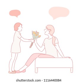 The daughter is handing her mother a bouquet. hand drawn style vector doodle design illustrations.