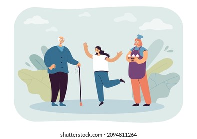 Daughter in hat of chef giving cake to grandfather. Happy family people celebrating birthday of elderly man flat vector illustration. Celebration concept for banner, website design or landing web page