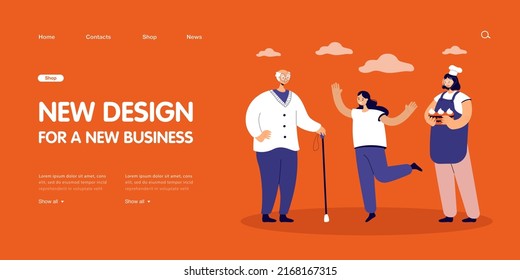 Daughter in hat of chef giving cake to grandfather. Happy family people celebrating birthday of elderly man flat vector illustration. Celebration concept for banner, website design or landing web page