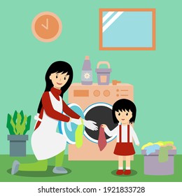 Daughter helping her mother doing the laundry. little girl passing clothes from basket to her mother to wash in washing machine. family doing housework together cartoon vector concept