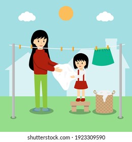 daughter helping her mother hanging dry the clothes under the sun cartoon vector