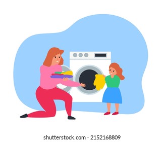 daughter helping her mother loading dirty clothes washing machine vector illustration