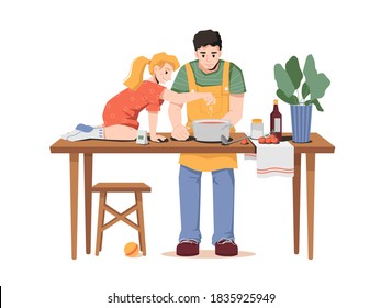 Daughter helps dad with cooking isolated father and little girl. Vector dad and small girl cooks borsch together, puts salt in soup, sitting on table. Tomatoes, sauce and plant in pot on desk