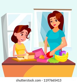 Daughter Helps Her Mother Cooking Together In The Kitchen Vector. Isolated Illustration
