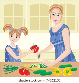Daughter helps mum to prepare. vector, no gradient, color full