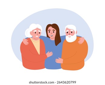 Daughter with her elderly parents together. Different generations are happy, care and love for gray-haired old people. Vector flat graphics.