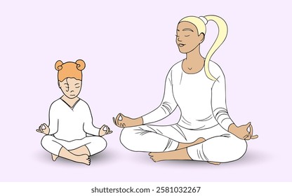 A daughter with her mother in white clothes at a meditation lesson. Minimalistic vector illustration. Yoga, lifestyle.