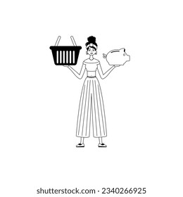 The daughter is holding a hoggish flood partake save bank and a stigmatize handcart . bootleg and white analogue stylus. Trendy style, Vector Illustration