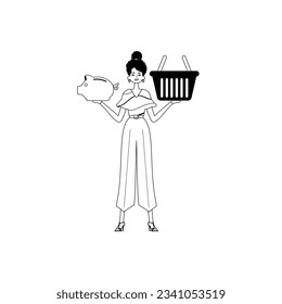 The daughter is holding a hoggish glut partake save bank and a stigmatize handcart . bootleg and white analogue stylus. Trendy style, Vector Illustration