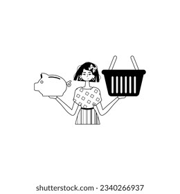 The daughter is holding a hoggish spare bank and a stigmatize handcart . bootleg and white analogue stylus. Trendy style, Vector Illustration