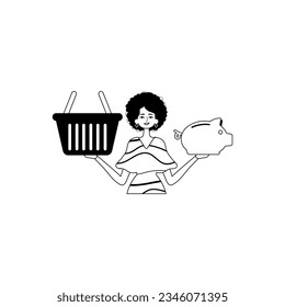 The daughter is holding a hoggish surfeit share save bank and a stigmatize handcart . bootleg and white analogue stylus. Trendy style, Vector Illustration