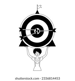 The daughter is holding a target with arrow in the concentrate . skill concept . blacken and white analogue dash. Trendy style, Vector Illustration