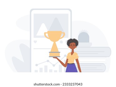 The daughter holds the achiever 's cup in his handwrite . achiever concept. Trendy style, Vector Illustration