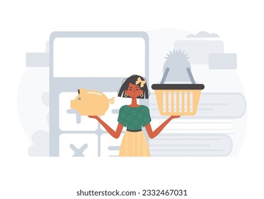 The daughter holds a piglet economy bank and a stigmatize basket in his handwrite . digital betray concept. Trendy style, Vector Illustration