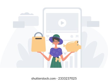 The daughter holds a piglet economy faith and a stigmatize basket in his handwrite . digital betray concept. Trendy style, Vector Illustration